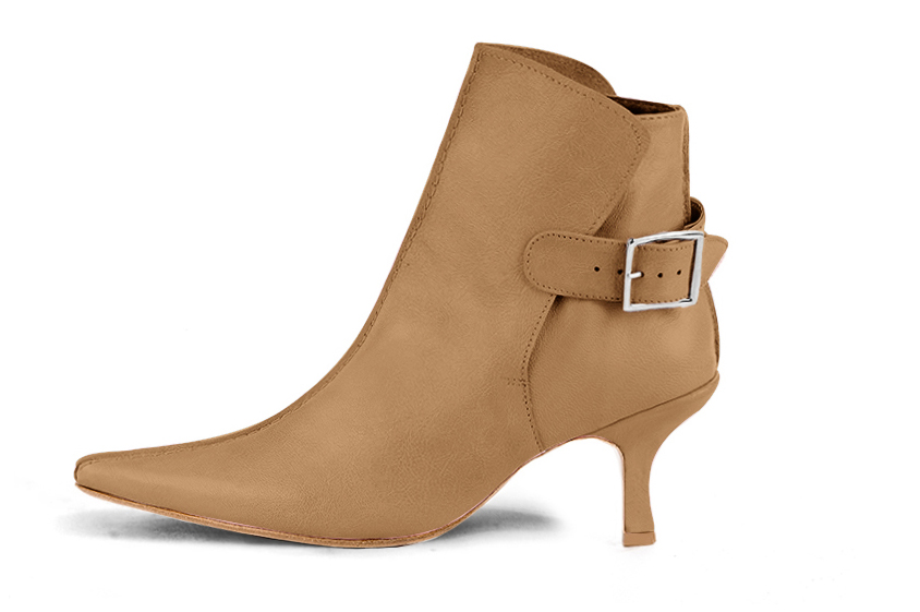 Camel beige women's ankle boots with buckles at the back. Pointed toe. High spool heels. Profile view - Florence KOOIJMAN